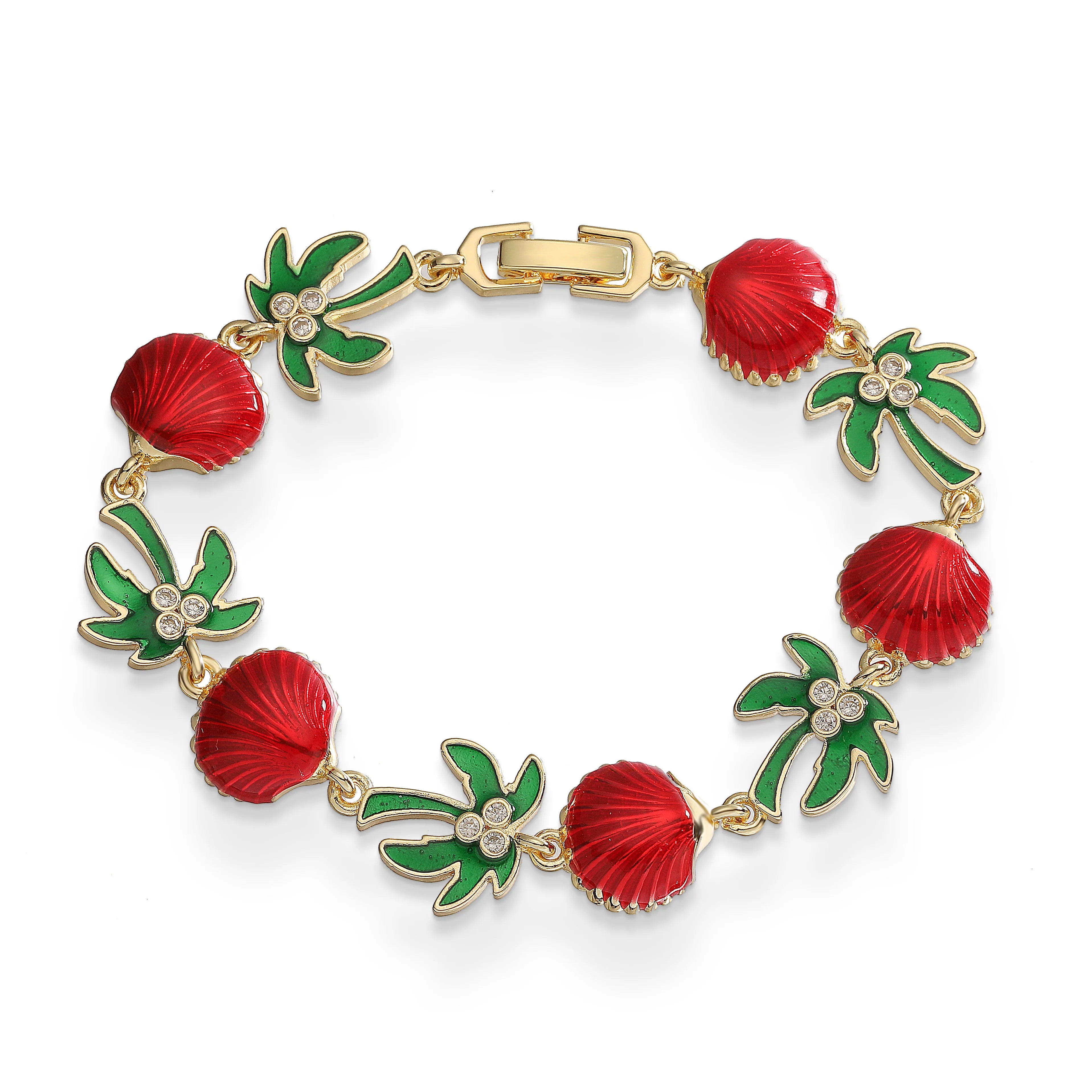 Pulsera de palmeras en esmalte verde y conchas rojas