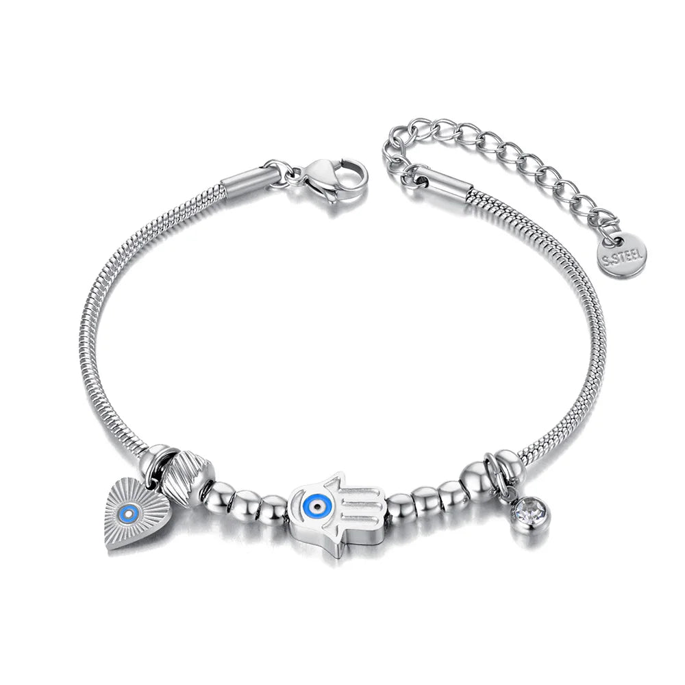 Pulsera de Protección con Mano de Fátima y Ojo Azul plata