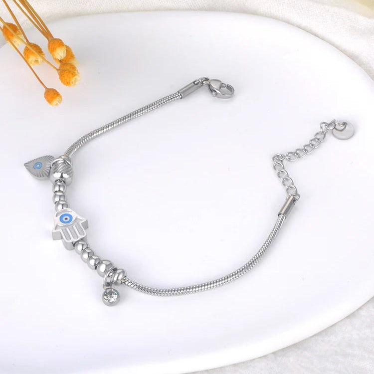 Pulsera de Protección con Mano de Fátima y Ojo Azul plata