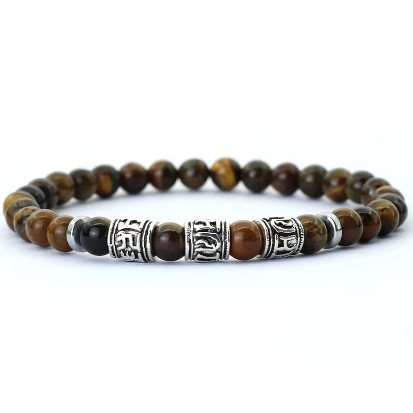 Buddhist protection bracelet in tiger's eye beads with engraved mantras