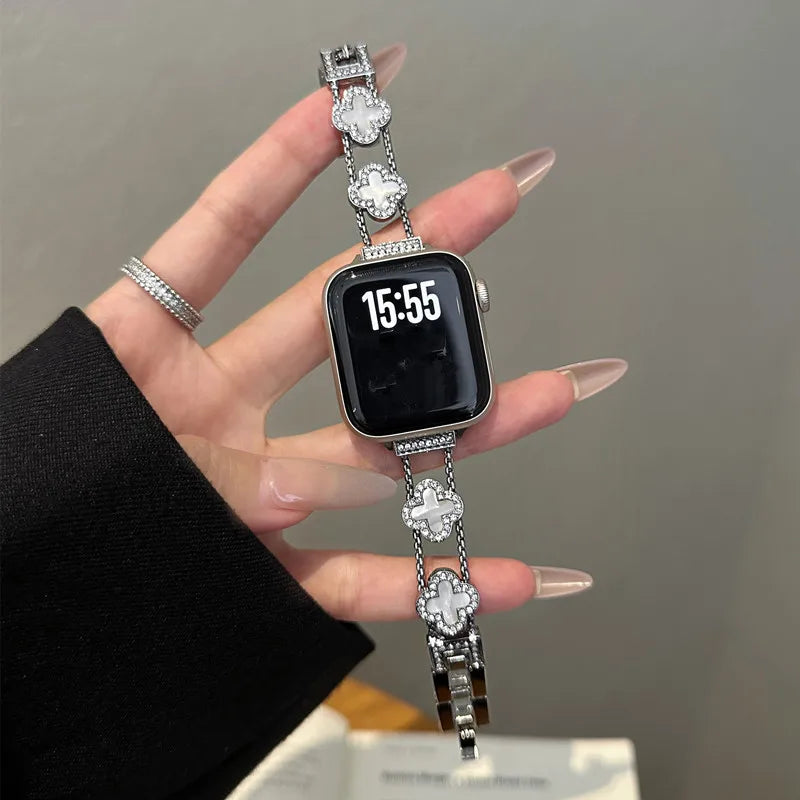 Correa de repuesto para Apple Watch - diseño trébol plata negra