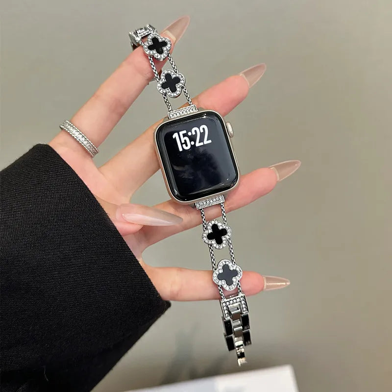 Correa de repuesto para Apple Watch - diseño trébol plata negra