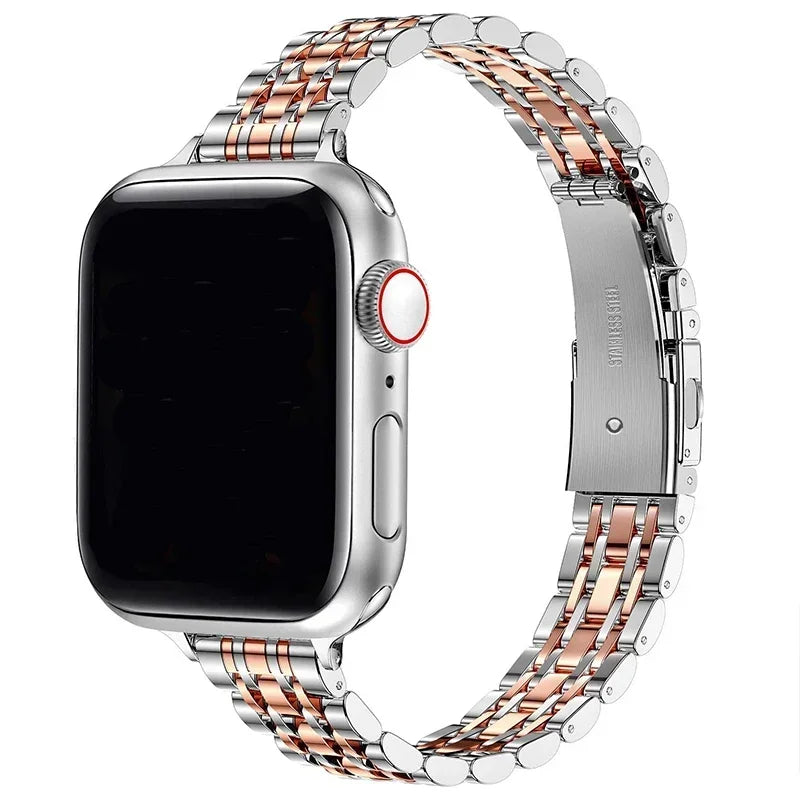 Pulsera de repuesto para Apple Watch en acero inoxidable plateado y oro rosa