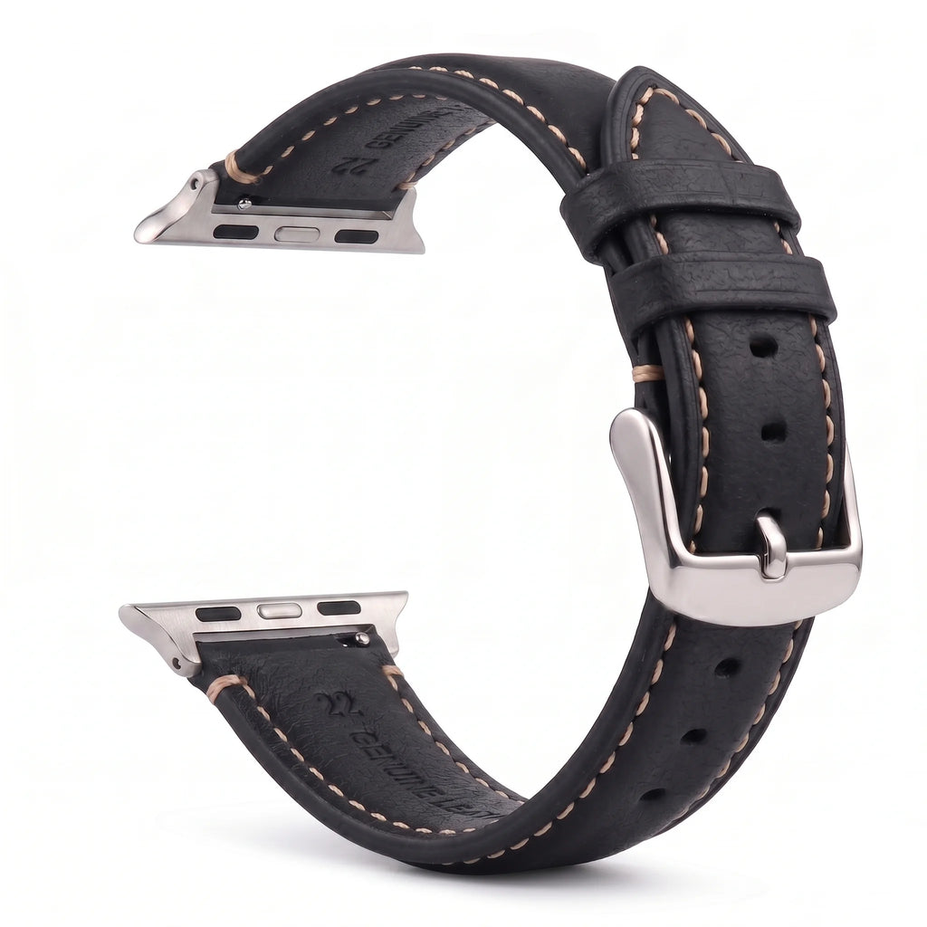Correa de repuesto para Apple Watch en cuero clásico negro plata