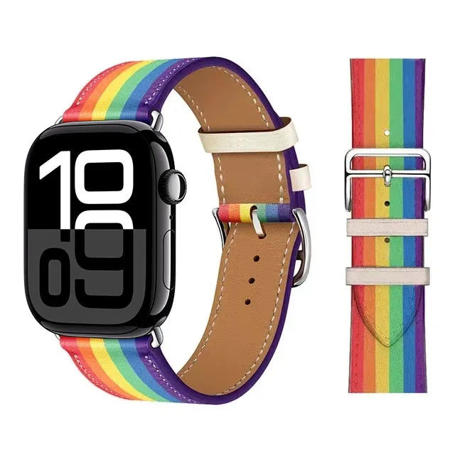 Correa de repuesto para Apple Watch de cuero para mujer y hombre arcoíris