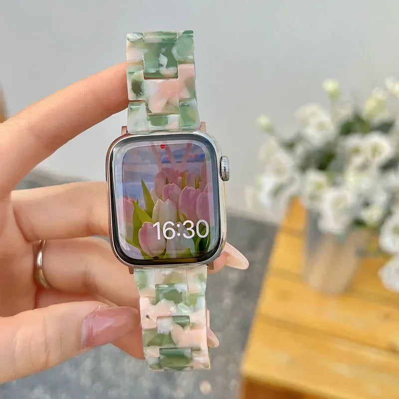 Pulsera de repuesto para Apple Watch en resina verde y rosa
