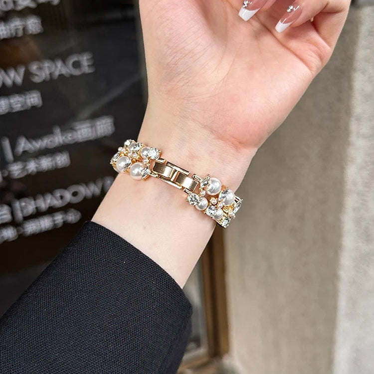Correa de repuesto para Apple Watch con strass y perlas doradas