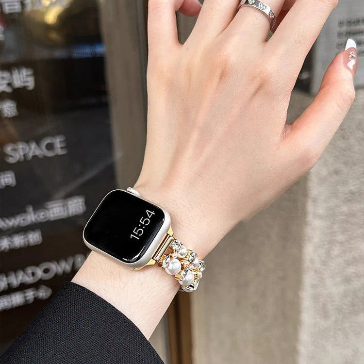 Correa de repuesto para Apple Watch con strass y perlas doradas y perlas