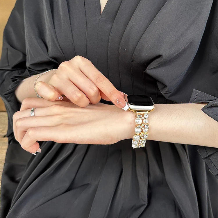 Correa de repuesto para Apple Watch con strass y perlas doradas