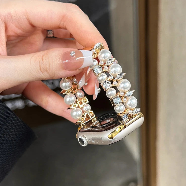 Correa de repuesto para Apple Watch con strass y perlas doradas y perla