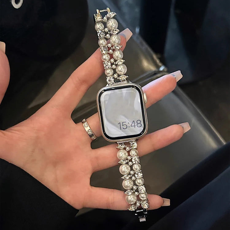 Correa de repuesto para Apple Watch con strass y perlas plateadas