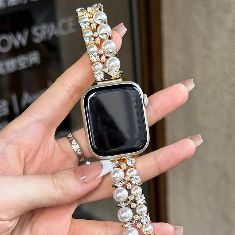 Correa de repuesto para Apple Watch con strass y perlas doradas y perla