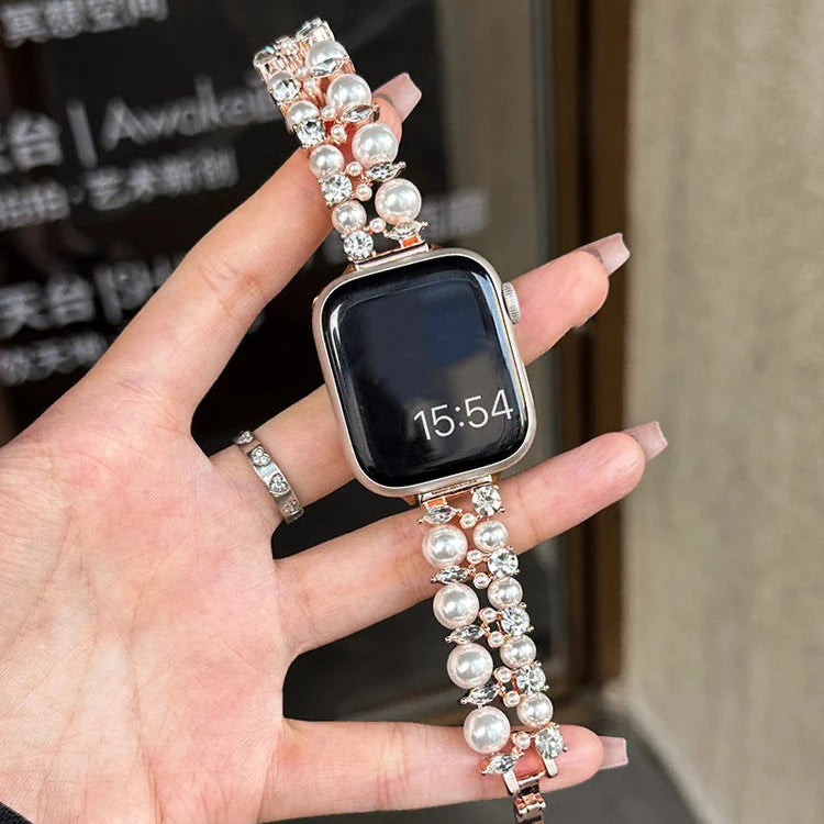 Correa de repuesto para Apple Watch con strass y perlas oro rosa