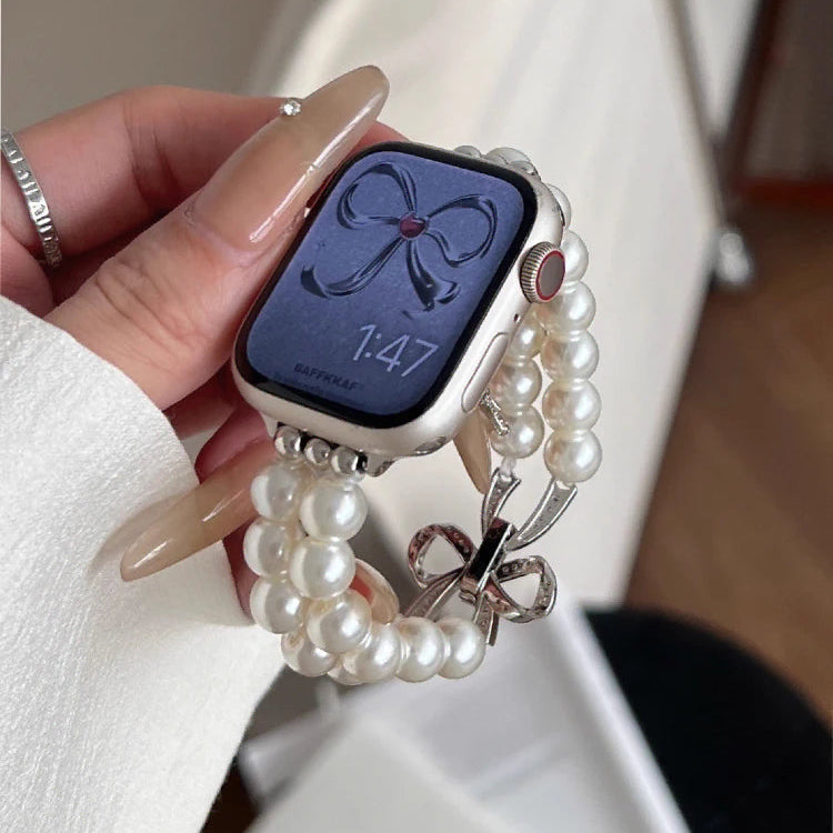 Correa de repuesto para Apple Watch con strass y perlas blancas