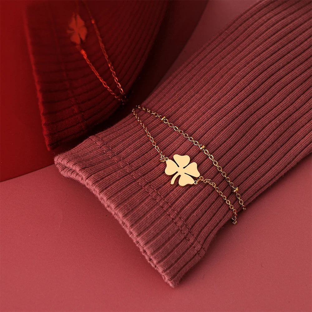 Pulsera Doble con Trébol de 4 Hojas oro