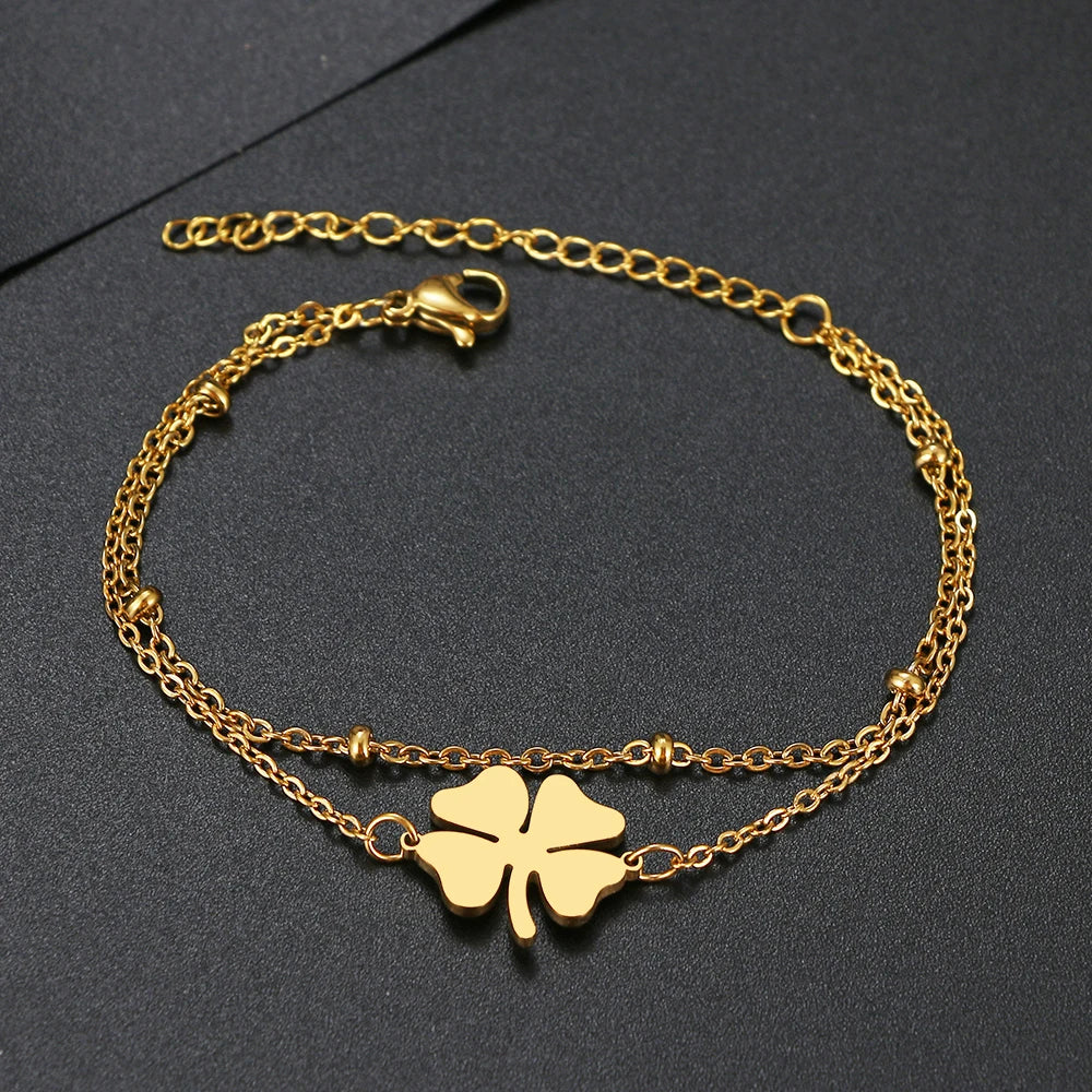 Pulsera Doble con Trébol de 4 Hojas oro