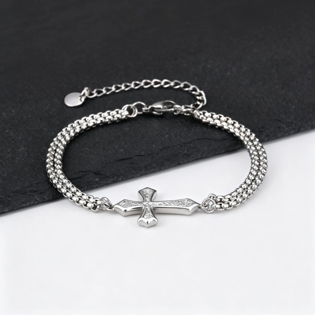 Pulsera doble cadena y cruz