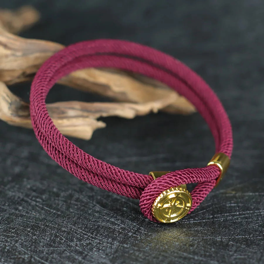 Pulsera de Cuerda con Brújula Náutica Rosa de los Vientos burdeos