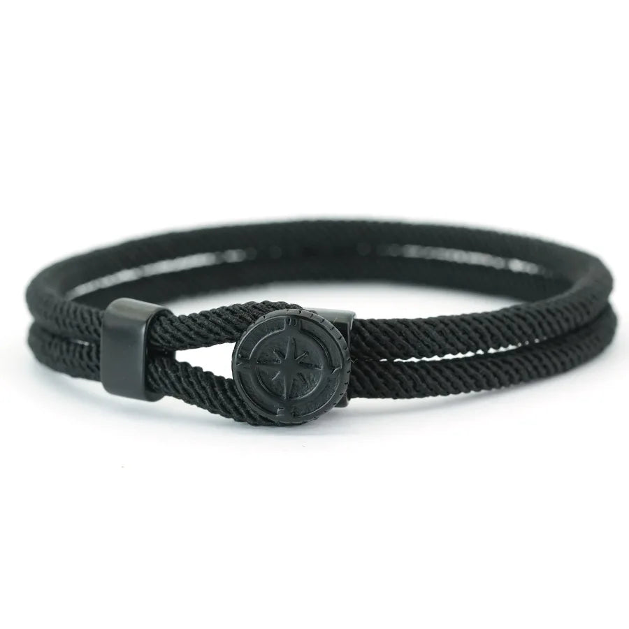 Pulsera de cuerda con brújula negra rosa de los vientos negro