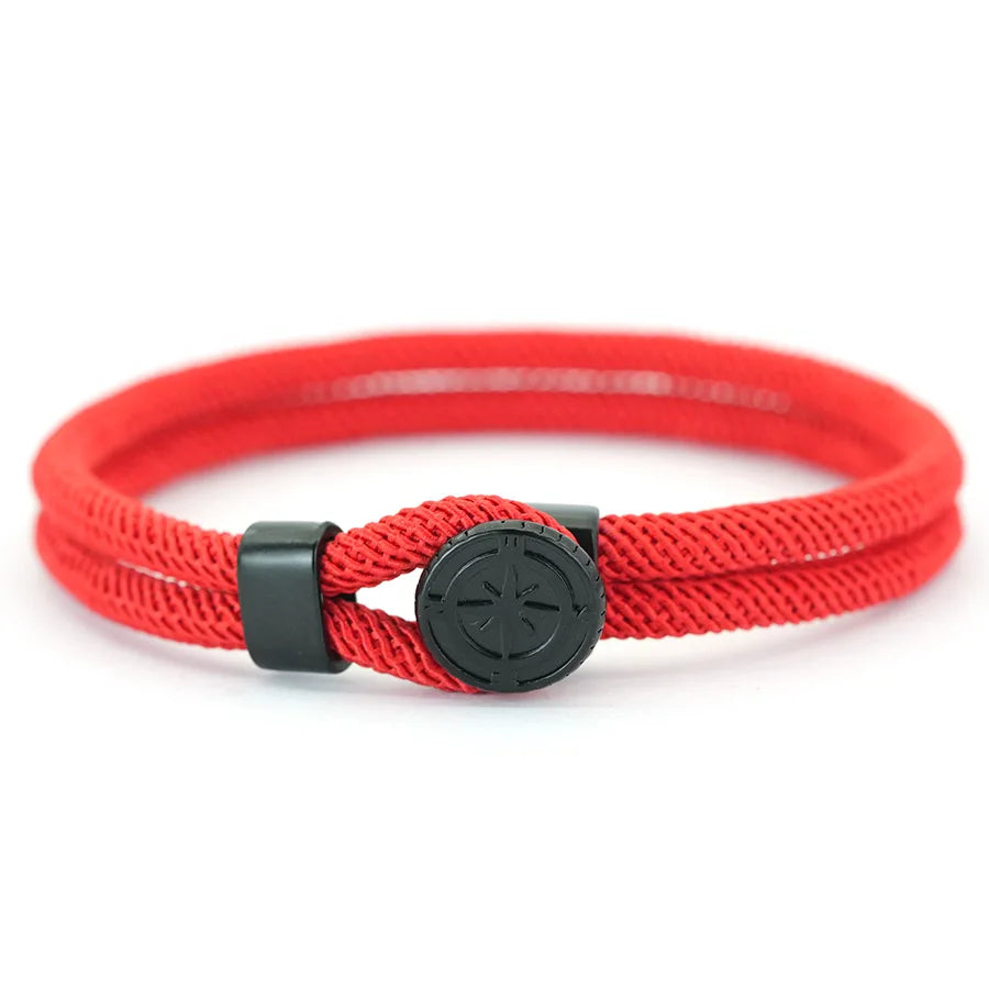 Pulsera de cuerda con brújula negra rosa de los vientos rojo