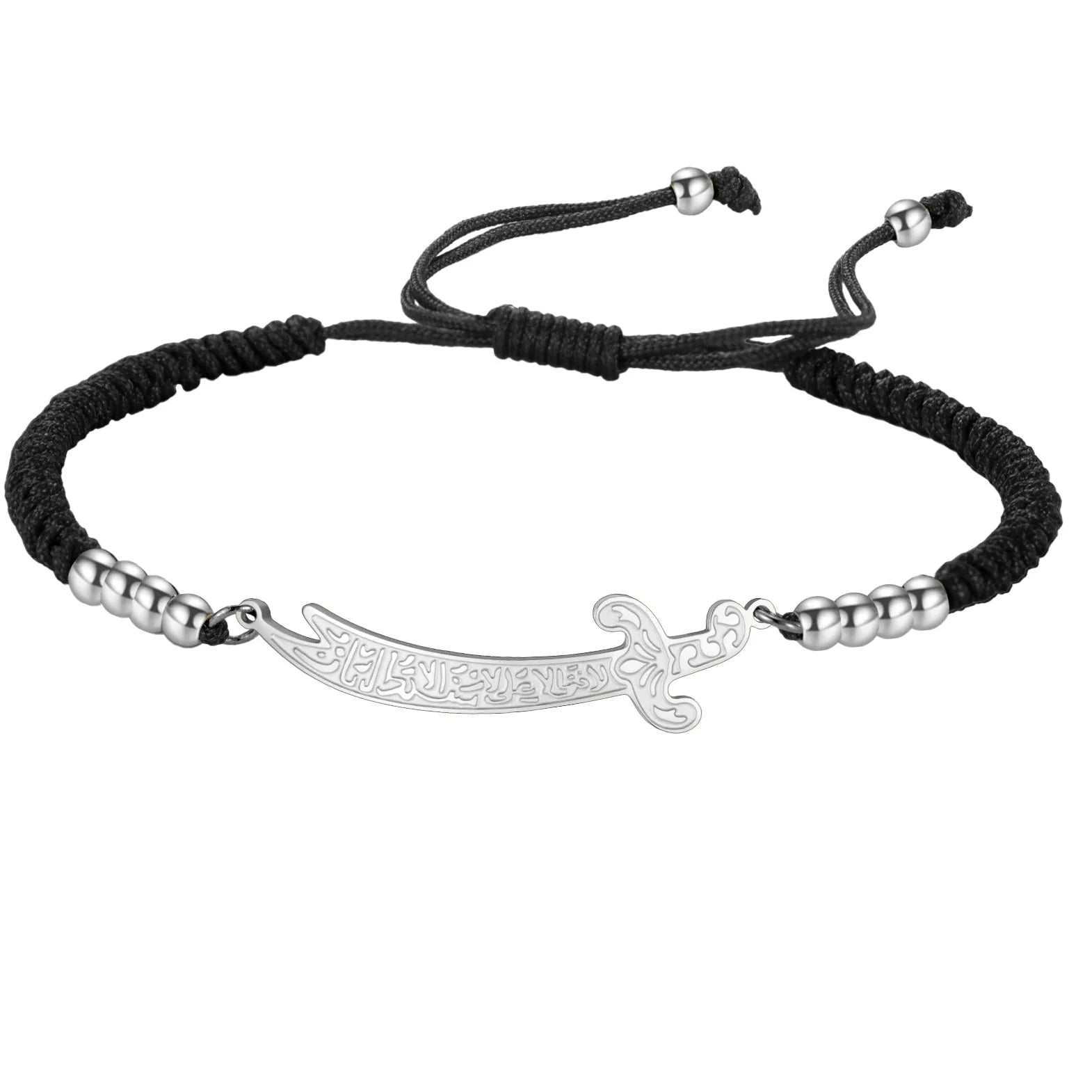 Pulsera de cuerda con espada Ali Zulfiqar árabe negro plata