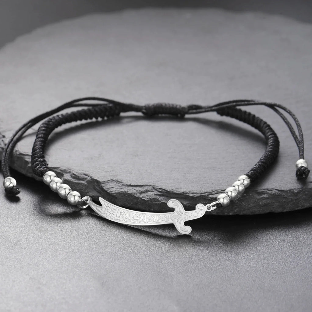 Pulsera de cuerda con espada Ali Zulfiqar árabe negro plata