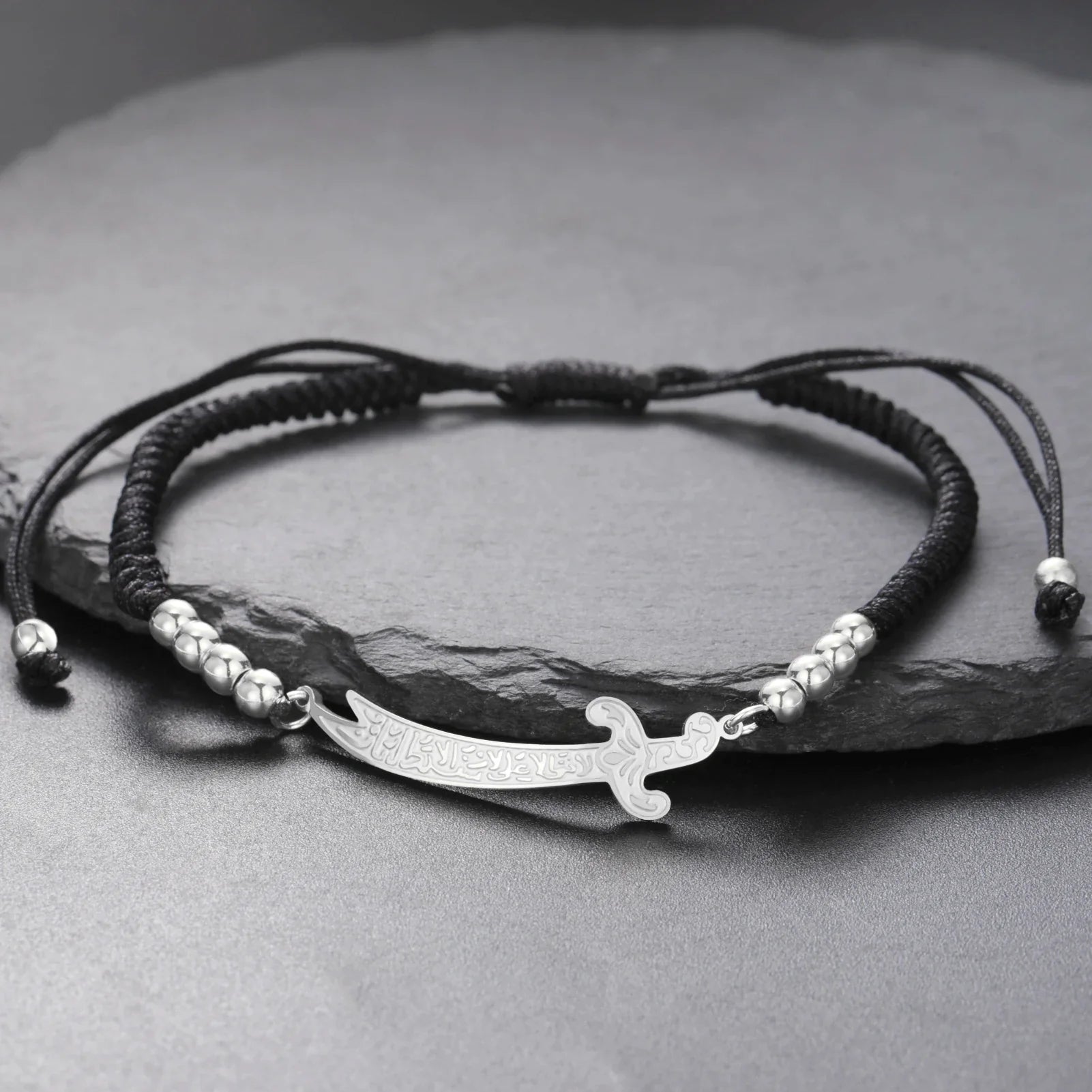 Pulsera de cuerda con espada Ali Zulfiqar árabe negro plata