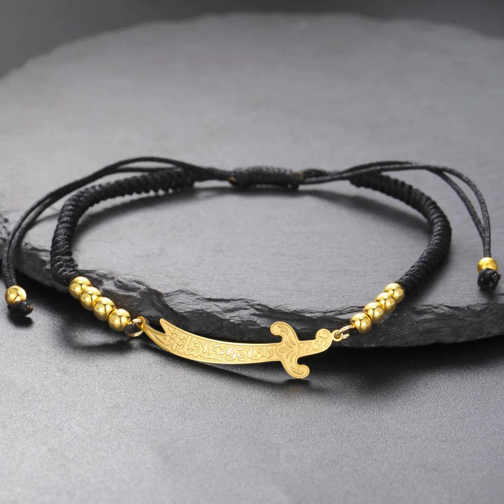 Pulsera de cuerda con espada Ali Zulfiqar árabe negro oro