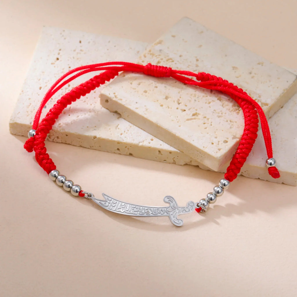 Pulsera de cuerda con espada Ali Zulfiqar árabe rojo plata