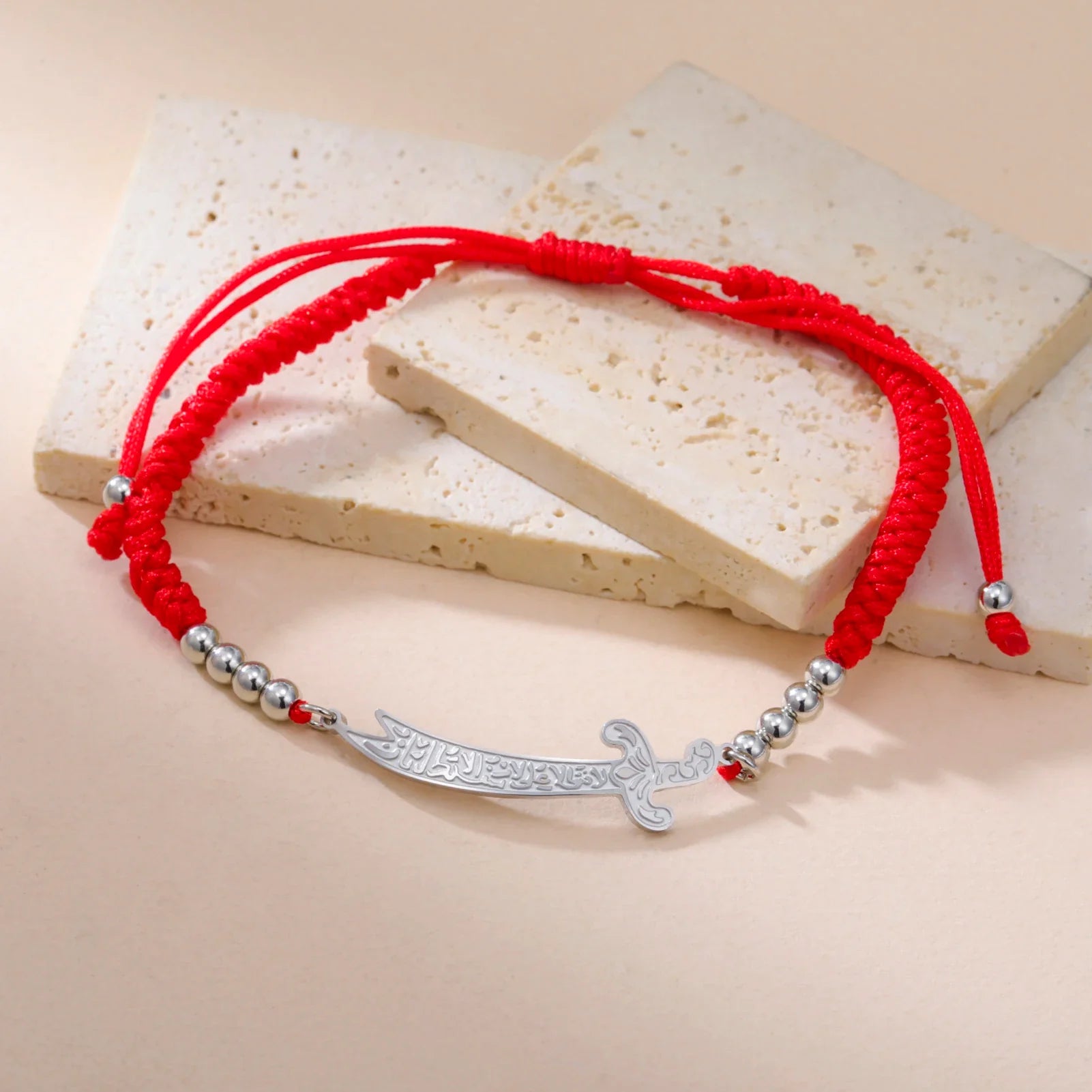 Pulsera de cuerda con espada Ali Zulfiqar árabe rojo plata