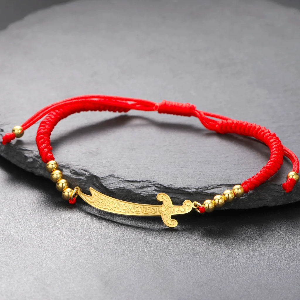 Pulsera de cuerda con espada Ali Zulfiqar árabe rojo oro