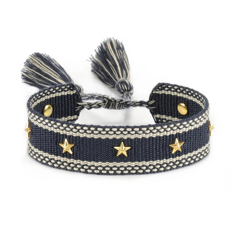 Pulsera de cuerda con estrellas para hombre o mujer negra
