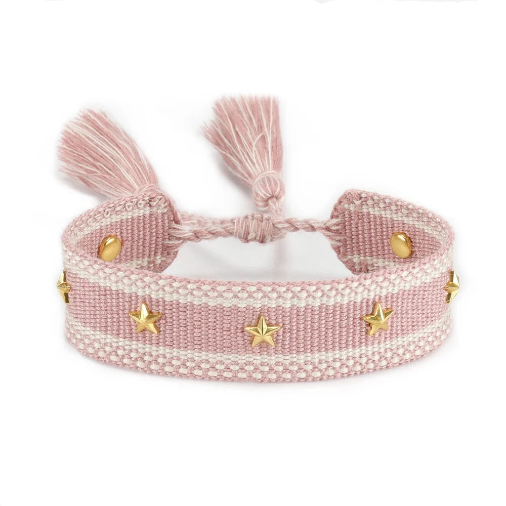 Pulsera de cuerda con estrellas para hombre o mujer rosa