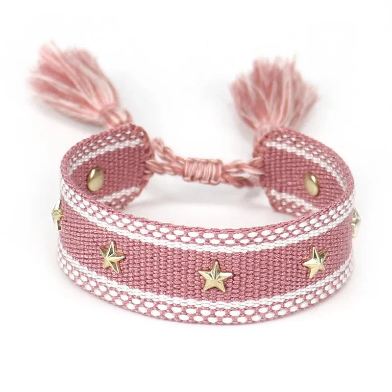 Pulsera de cuerda con estrellas para hombre o mujer rosa oscuro