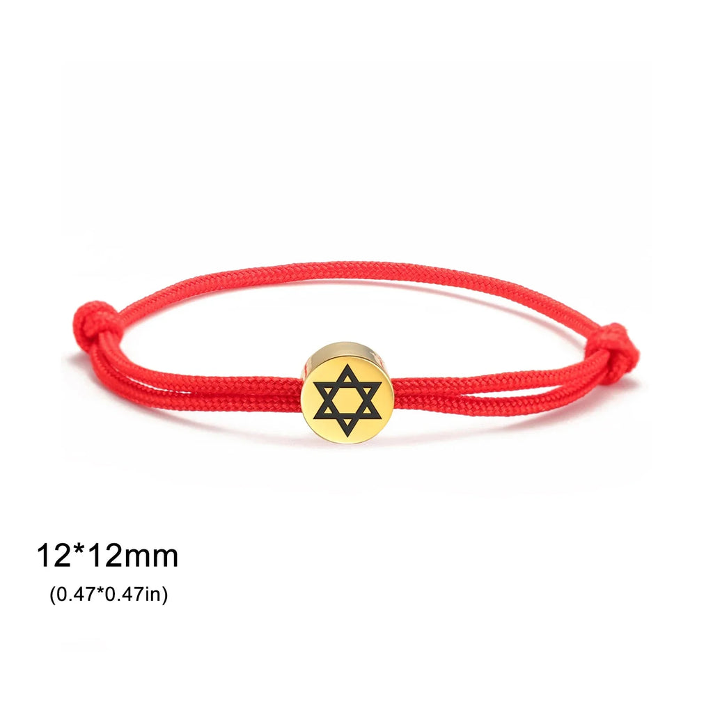Pulsera de cuerda con el símbolo judío <span data-glossary-id="etoile-de-david">estrella de David</span> rojo y oro
