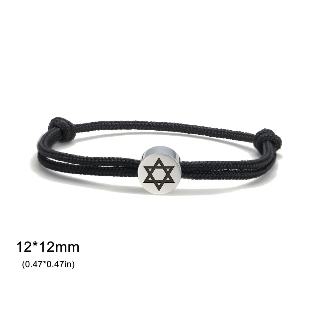 Pulsera de cuerda con el símbolo judío <span data-glossary-id="etoile-de-david">estrella de David</span> negro y plata