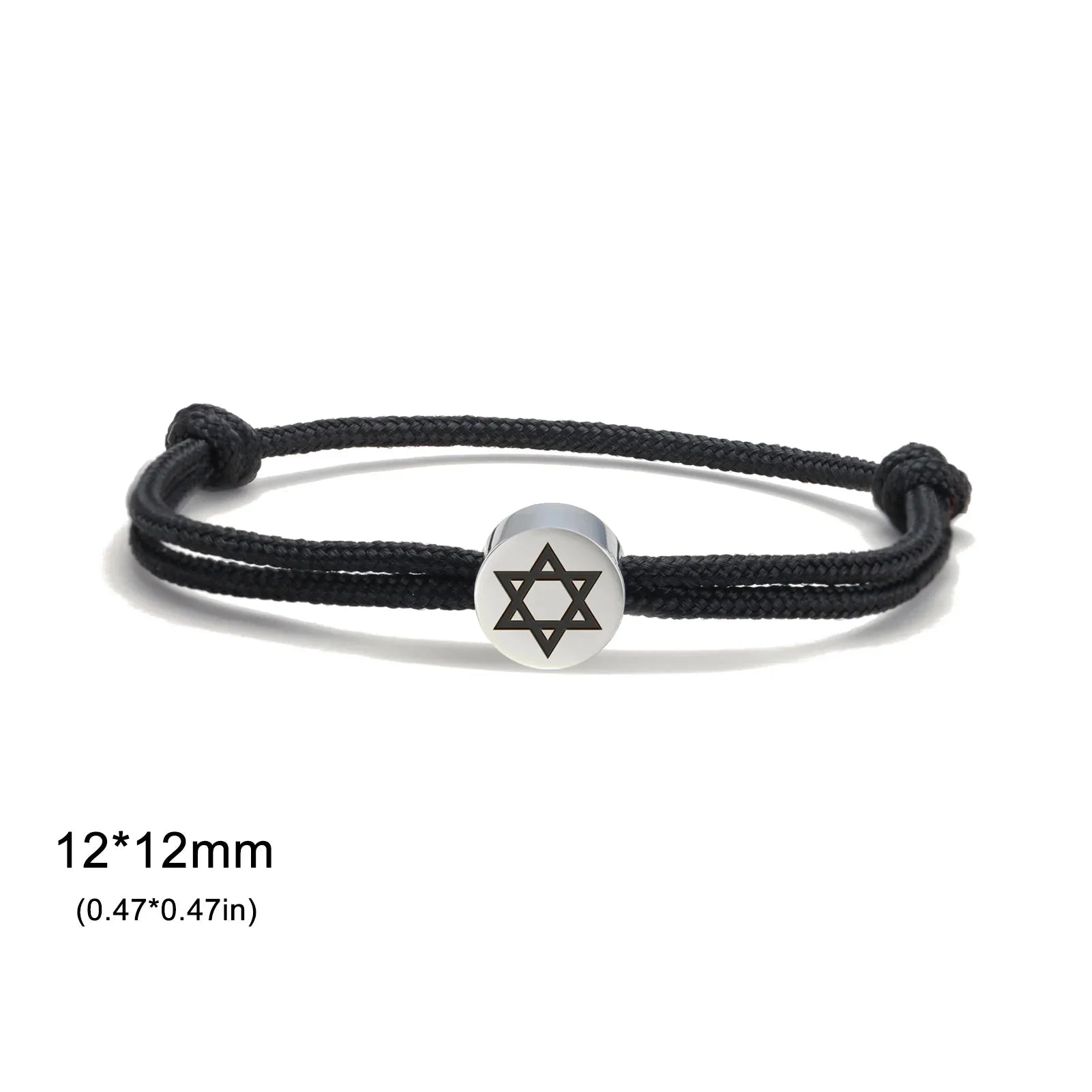Pulsera de cuerda con el símbolo judío <span data-glossary-id="etoile-de-david">estrella de David</span> negro y plata