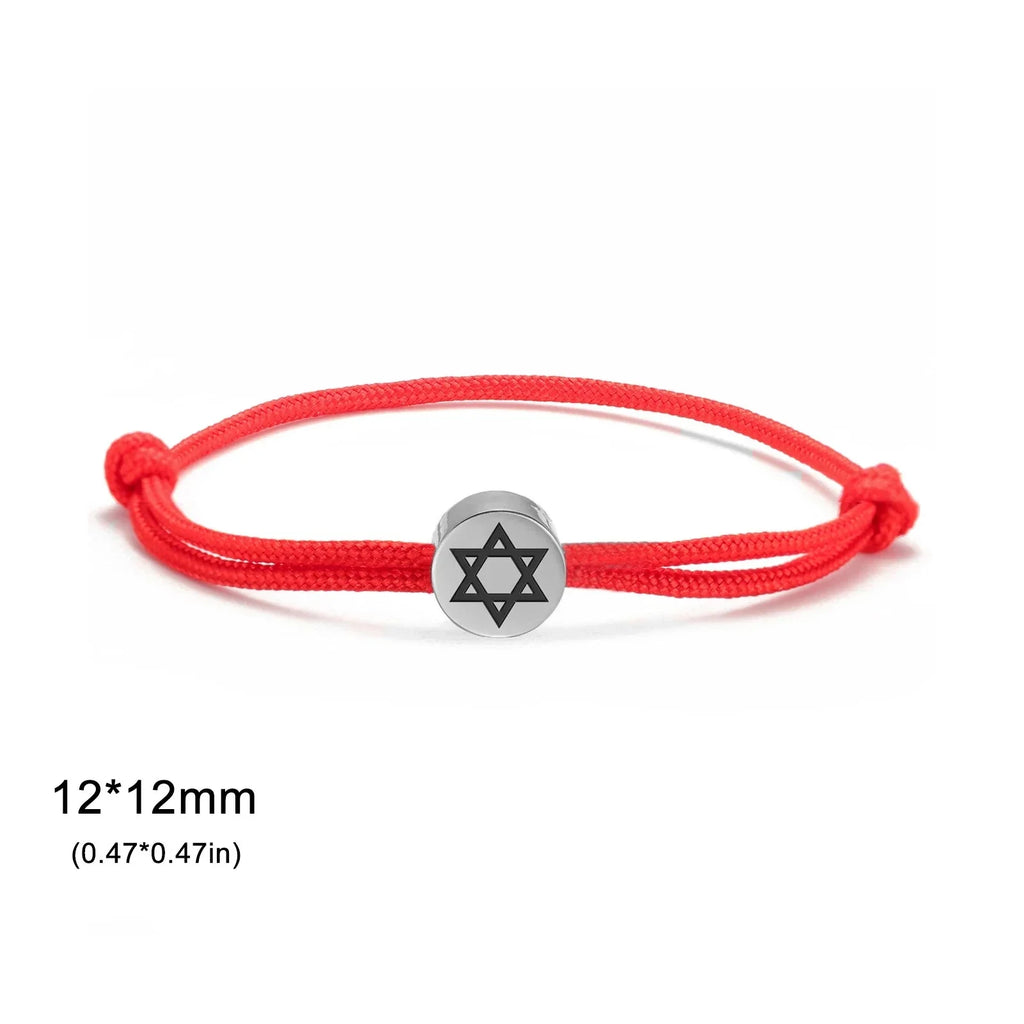 Pulsera de cuerda con el símbolo judío <span data-glossary-id="etoile-de-david">estrella de David</span> rojo y plata