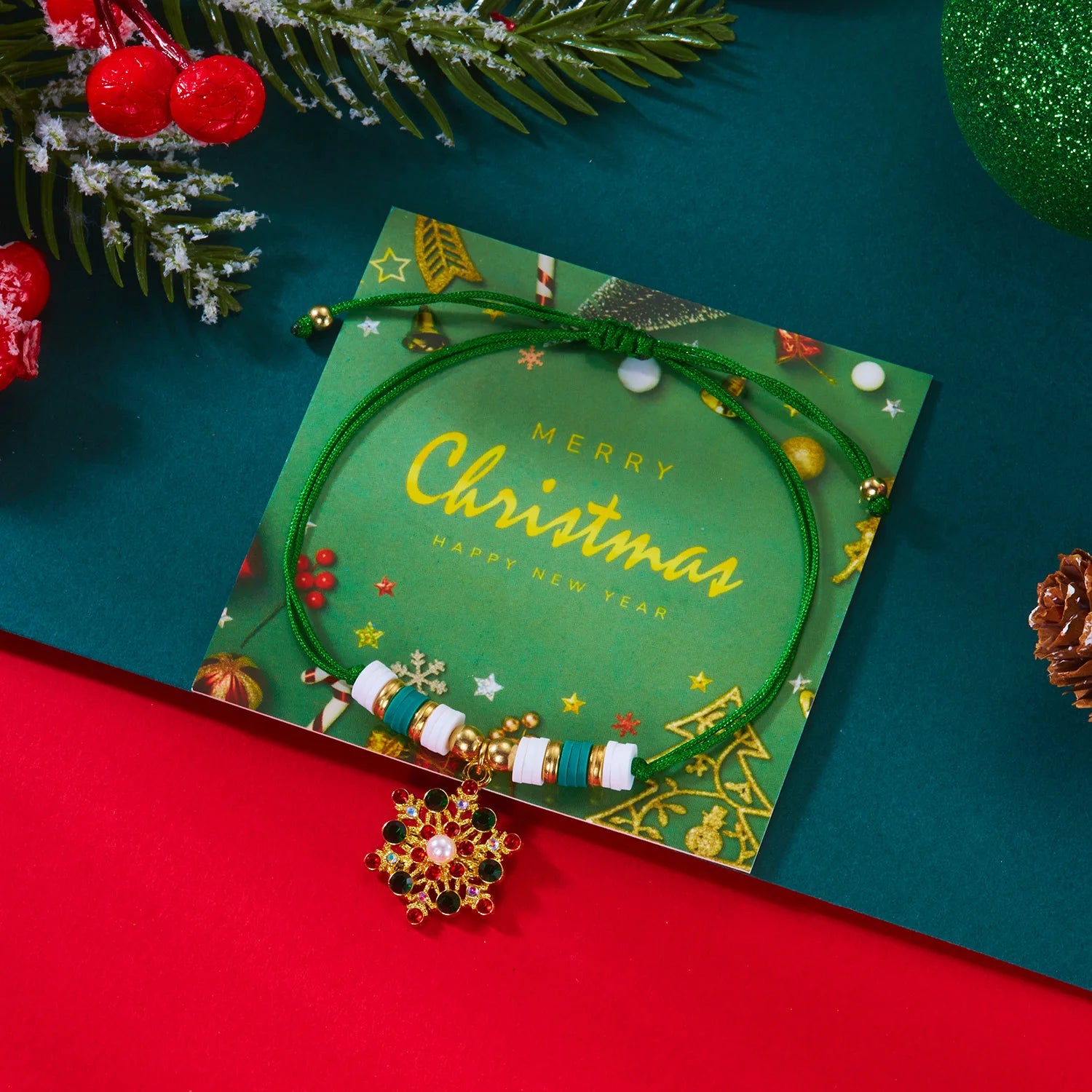 Pulsera de cuerda con colgante de Navidad copo de nieve verde