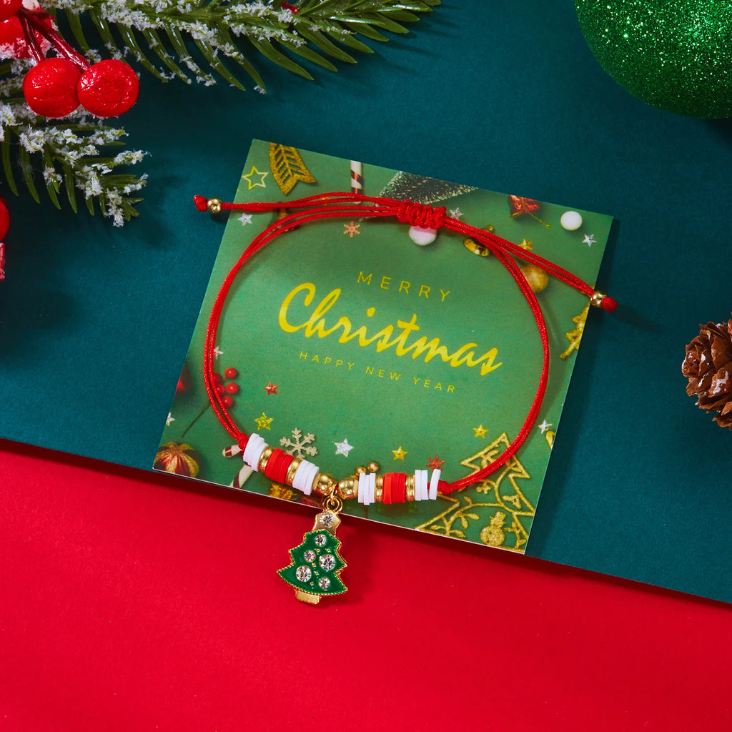 Pulsera de cuerda con colgante de Navidad árbol y bolas rojas