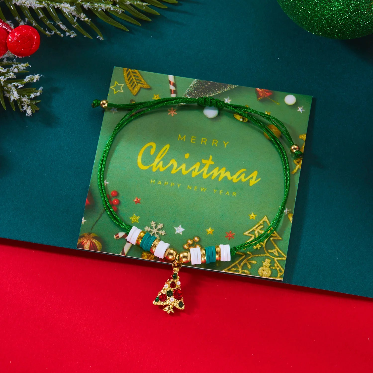 Pulsera de cuerda con colgante de Navidad árbol verde