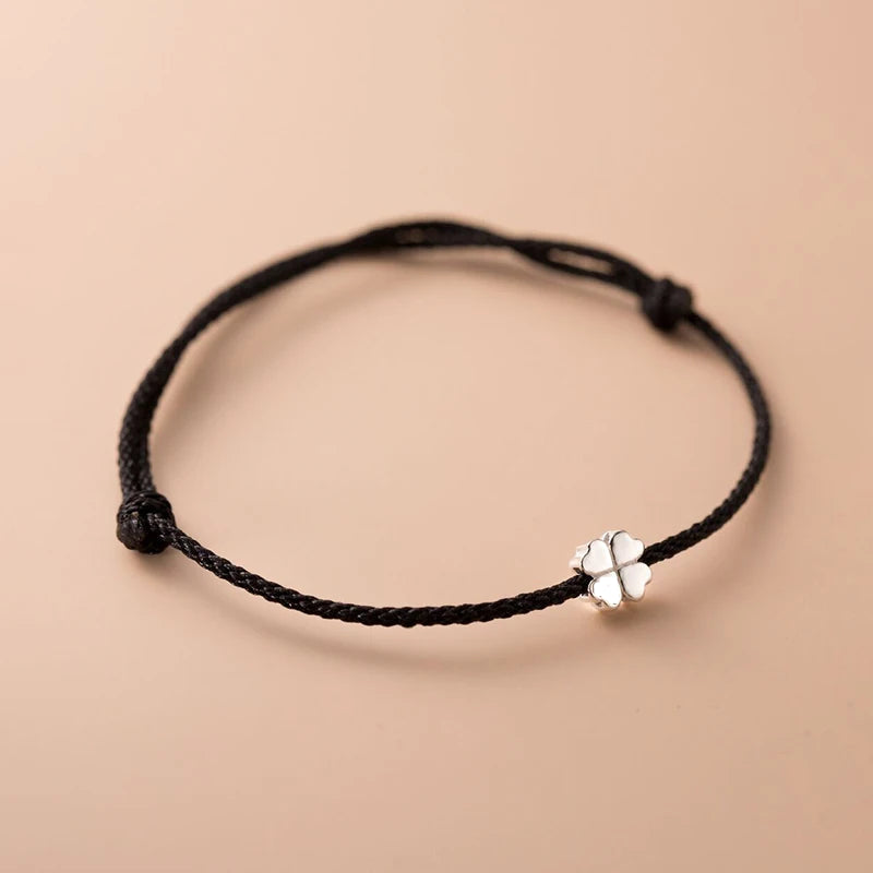 Pulsera de Cuerda con Trébol de 4 Hojas Blanco negro