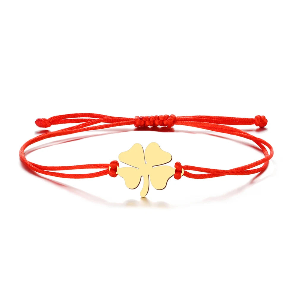 Pulsera de Cuerda con Trébol de 4 Hojas Amuleto de la Suerte rojo y oro