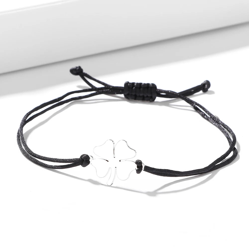 Pulsera de Cuerda con Trébol de 4 Hojas Amuleto de la Suerte negro y plata