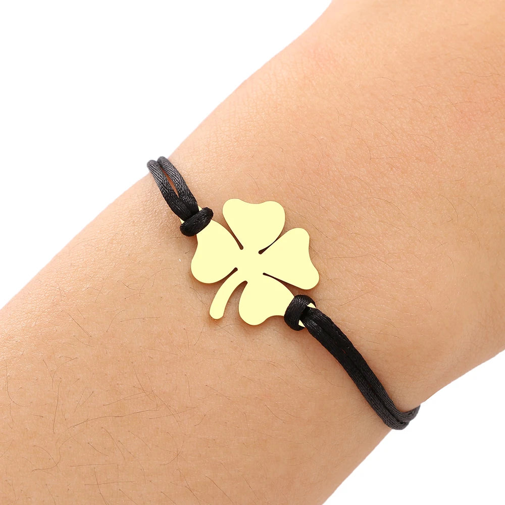 Pulsera de Cuerda con Trébol de 4 Hojas Amuleto de la Suerte negro y oro
