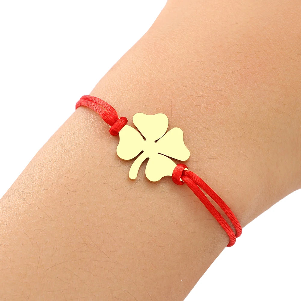 Pulsera de Cuerda con Trébol de 4 Hojas Amuleto de la Suerte rojo y oro
