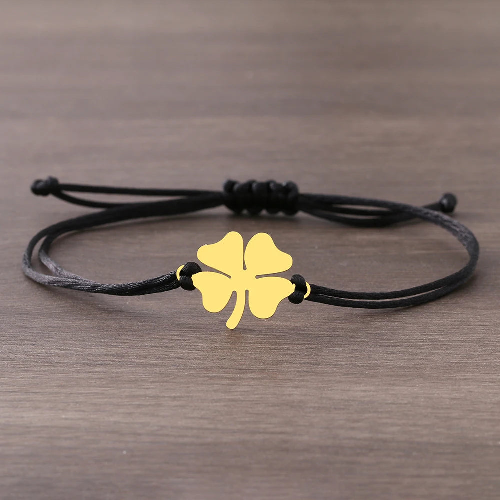 Pulsera de Cuerda con Trébol de 4 Hojas Amuleto de la Suerte negro y oro