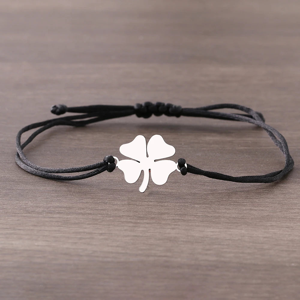 Pulsera de Cuerda con Trébol de 4 Hojas Amuleto de la Suerte negro y plata