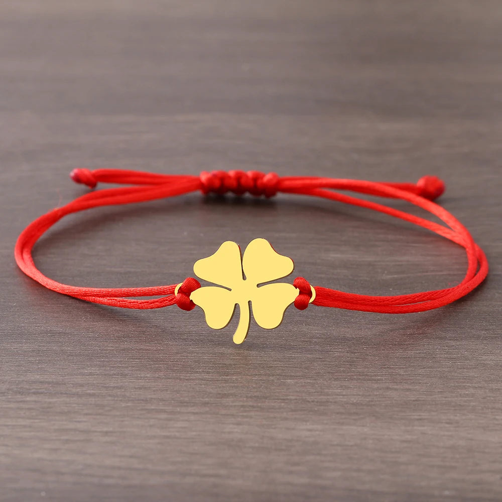 Pulsera de Cuerda con Trébol de 4 Hojas Amuleto de la Suerte rojo y oro