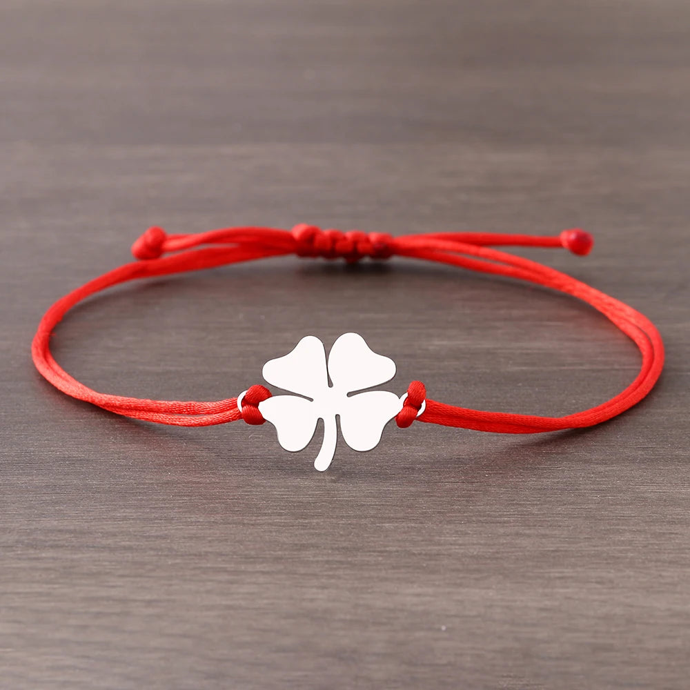Pulsera de Cuerda con Trébol de 4 Hojas Amuleto de la Suerte rojo y plata